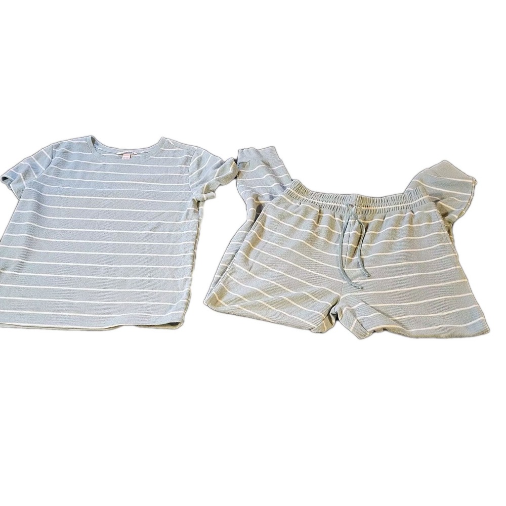 Victoria Secret Womens Small Sage Green Striped Waffle Tee Jogger Pajama Set
